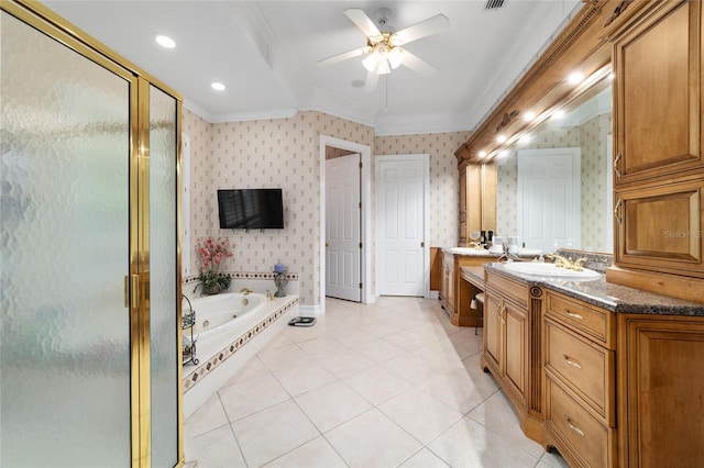 7915 SE 12th Cir, Ocala, FL 34480 - bathroom with ornamental molding, wallpapered walls, a shower stall, vanity, and ceiling fan