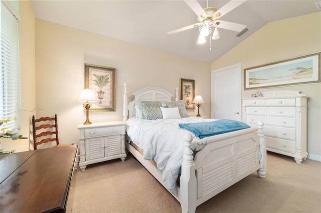 7915 SE 12th Cir, Ocala, FL 34480 - bedroom featuring light colored carpet, vaulted ceiling, and ceiling fan