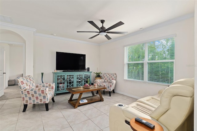 32 Hickory Course Loop, Ocala, FL 34472 - living room with a ceiling fan, ornamental molding, light tile patterned floors, and baseboards