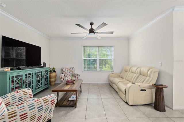 32 Hickory Course Loop, Ocala, FL 34472 - tiled living room with crown molding, a ceiling fan, and baseboards