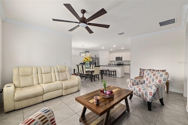 32 Hickory Course Loop, Ocala, FL 34472 - living room featuring ornamental molding, a ceiling fan, light tile patterned floors, recessed lighting, and baseboards