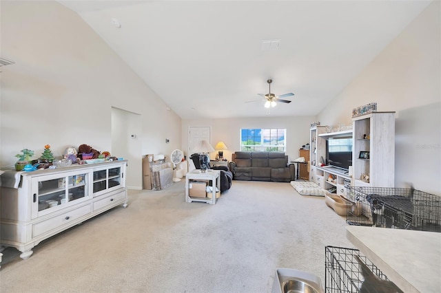 3418 SW 155th Pl, Ocala, FL 34473 - living area with ceiling fan, carpet floors, and high vaulted ceiling
