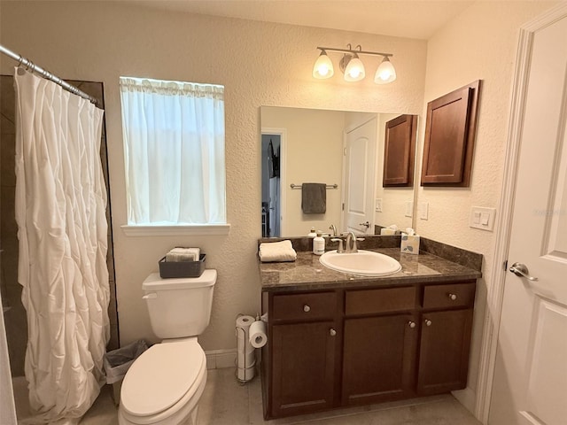 186 NW 44th St, Ocala, FL 34475 - full bathroom with vanity, a textured wall, a shower with shower curtain, and tile patterned flooring