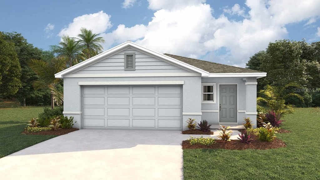 2950 NE 21st Court Rd, Ocala, FL 34470 - ranch-style house with concrete driveway, a front lawn, stucco siding, a garage, and roof with shingles