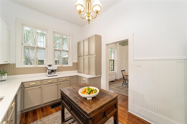 828 SE 3rd St, Ocala, FL 34471 - kitchen featuring dark wood finished floors, a chandelier, a wainscoted wall, gray cabinetry, and light countertops