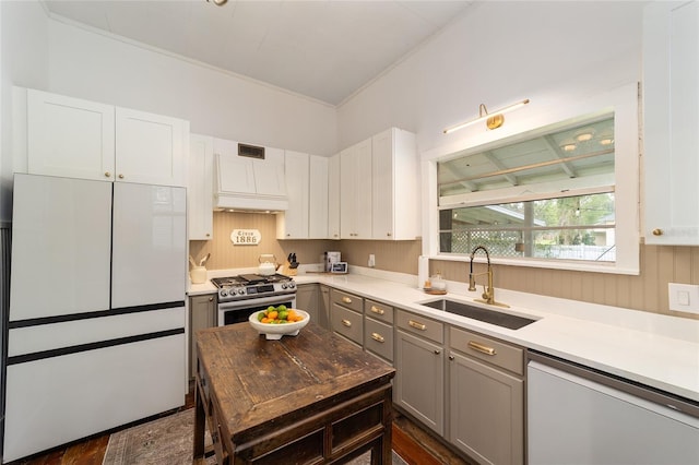 828 SE 3rd St, Ocala, FL 34471 - kitchen with dishwashing machine, freestanding refrigerator, stainless steel gas range oven, custom exhaust hood, and a sink