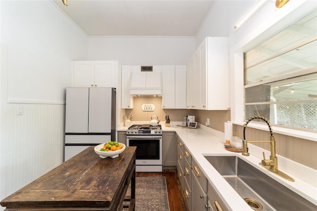 828 SE 3rd St, Ocala, FL 34471 - kitchen featuring stainless steel range with gas stovetop, a sink, premium range hood, gray cabinets, and freestanding refrigerator