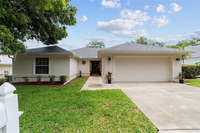 2644 SW 20th Cir, Ocala, FL 34471 - ranch-style home with stucco siding, an attached garage, concrete driveway, a front lawn, and roof with shingles