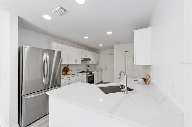 2644 SW 20th Cir, Ocala, FL 34471 - kitchen featuring stainless steel appliances, a sink, a peninsula, white cabinetry, and recessed lighting