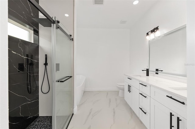 8456 SE 164th Pl, Summerfield, FL 34491 - bathroom featuring a marble finish shower, double vanity, marble finish flooring, a soaking tub, and recessed lighting