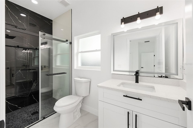 8456 SE 164th Pl, Summerfield, FL 34491 - full bath featuring toilet, marble finish flooring, a marble finish shower, vanity, and baseboards