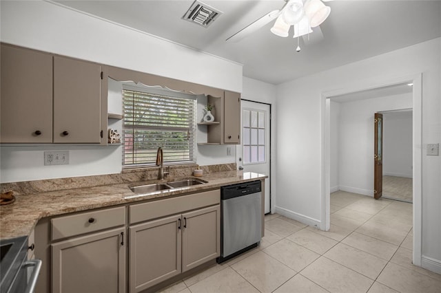 3331 SE 4th St, Ocala, FL 34471 - kitchen featuring appliances with stainless steel finishes, a sink, open shelves, ceiling fan, and light tile patterned flooring