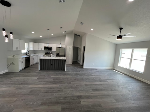 717 Marion Oaks Mnr, Ocala, FL 34473 - kitchen with stainless steel appliances, open floor plan, recessed lighting, a kitchen island, and a ceiling fan
