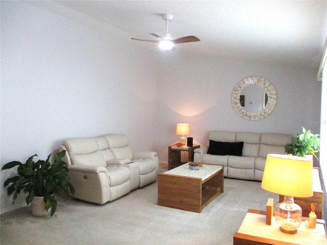 14192 SW 112th Cir, Dunnellon, FL 34432 - living area featuring light carpet, a ceiling fan, and lofted ceiling