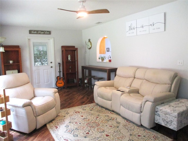 14192 SW 112th Cir, Dunnellon, FL 34432 - living area with wood finished floors and a ceiling fan