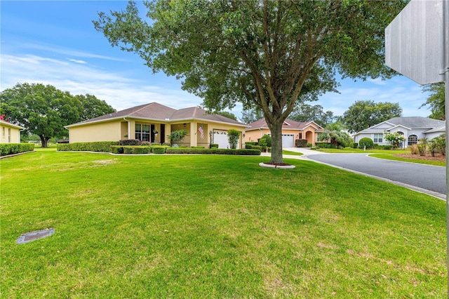 9551 SW 92nd Ter, Ocala, FL 34481 - ranch-style house featuring an attached garage, driveway, a front lawn, and stucco siding