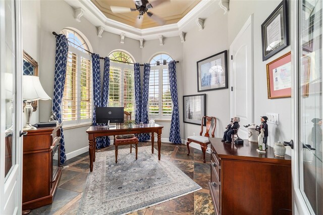 3986 SE 43rd Cir, Ocala, FL 34480 - office with plenty of natural light, a ceiling fan, ornamental molding, and dark stone finish flooring