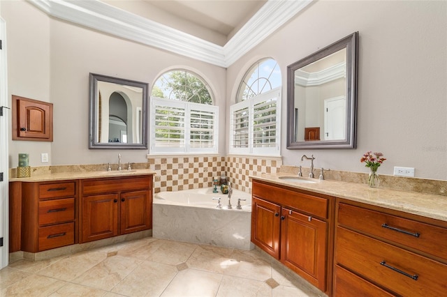 3986 SE 43rd Cir, Ocala, FL 34480 - bathroom featuring two vanities, a garden tub, crown molding, and tile patterned flooring