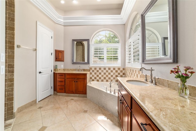 3986 SE 43rd Cir, Ocala, FL 34480 - bathroom with two vanities, a bath, and ornamental molding
