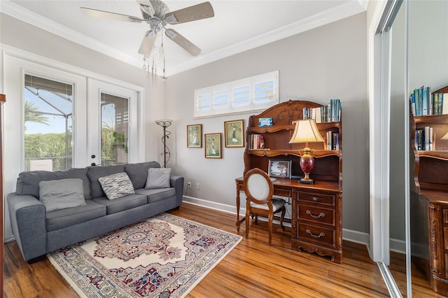 3986 SE 43rd Cir, Ocala, FL 34480 - office area with wood finished floors, french doors, ornamental molding, and ceiling fan