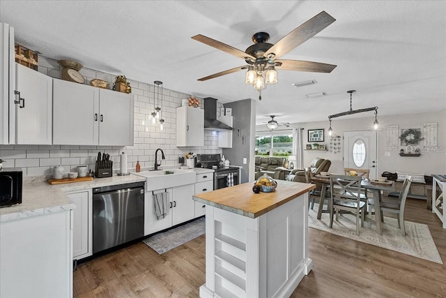 460 E Haines Blvd, Lake Alfred, FL 33850 - kitchen featuring appliances with stainless steel finishes, wall chimney exhaust hood, ceiling fan, a sink, and wood counters