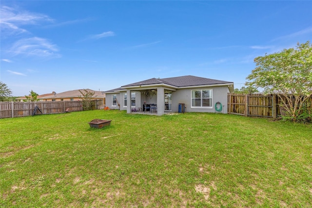 63 Walnut Crse, Ocala, FL 34480 - rear view of property with an outdoor fire pit, stucco siding, and a patio