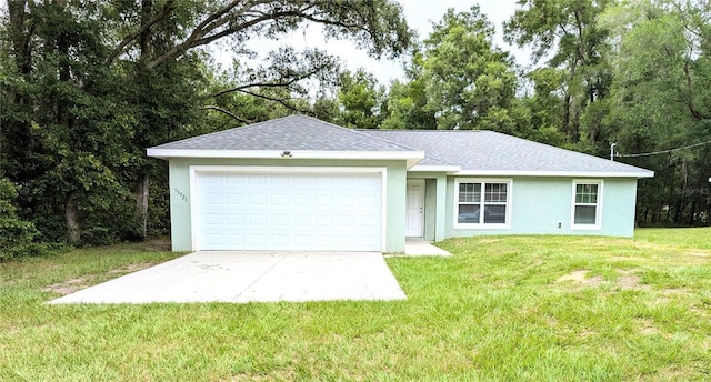 13921 SW 108th Ln, Dunnellon, FL 34432 - ranch-style house with a garage, stucco siding, driveway, a front yard, and a shingled roof