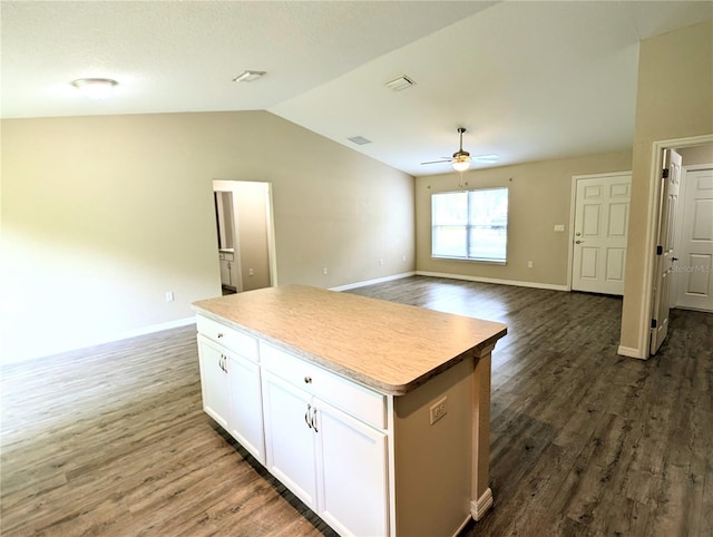13921 SW 108th Ln, Dunnellon, FL 34432 - kitchen with a kitchen island, dark wood-style flooring, open floor plan, vaulted ceiling, and a ceiling fan