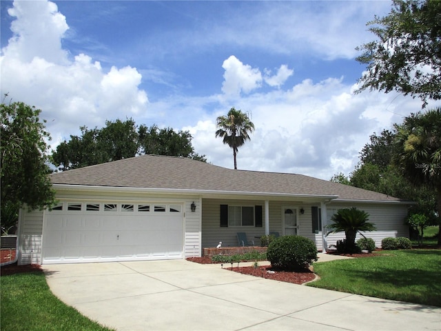 14695 SW 112th Cir, Dunnellon, FL 34432 - ranch-style house with driveway, an attached garage, a front lawn, and a shingled roof