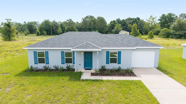 37 Teak Run, Ocala, FL 34472 - single story home with a shingled roof, an attached garage, driveway, a front lawn, and stucco siding