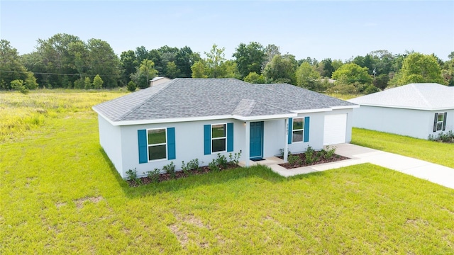 37 Teak Run, Ocala, FL 34472 - ranch-style house with roof with shingles, concrete driveway, a front yard, an attached garage, and stucco siding
