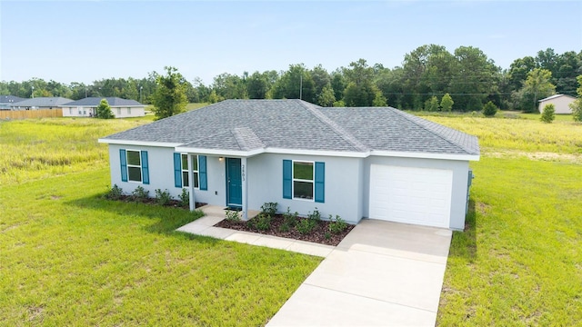 37 Teak Run, Ocala, FL 34472 - ranch-style house with roof with shingles, a garage, stucco siding, a front yard, and concrete driveway