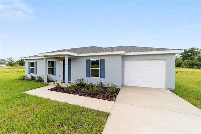 37 Teak Run, Ocala, FL 34472 - view of front of property with an attached garage, driveway, a front yard, stucco siding, and a shingled roof