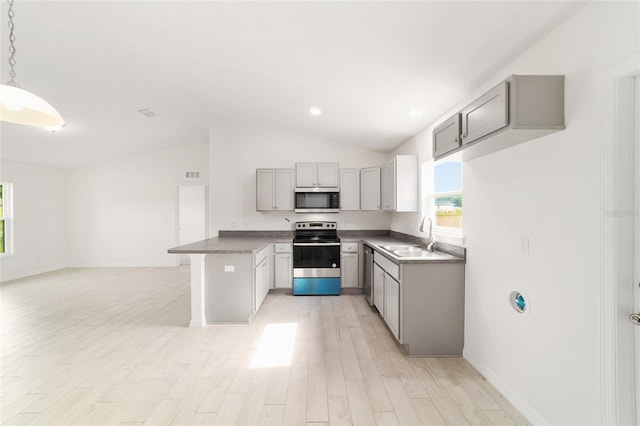 6 Locust Loop Crse, Ocala, FL 34472 - kitchen with stainless steel appliances, gray cabinets, lofted ceiling, light wood-style floors, and open floor plan