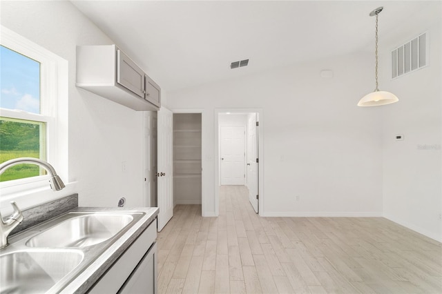 6 Locust Loop Crse, Ocala, FL 34472 - kitchen featuring light wood-type flooring, decorative light fixtures, lofted ceiling, gray cabinets, and light countertops