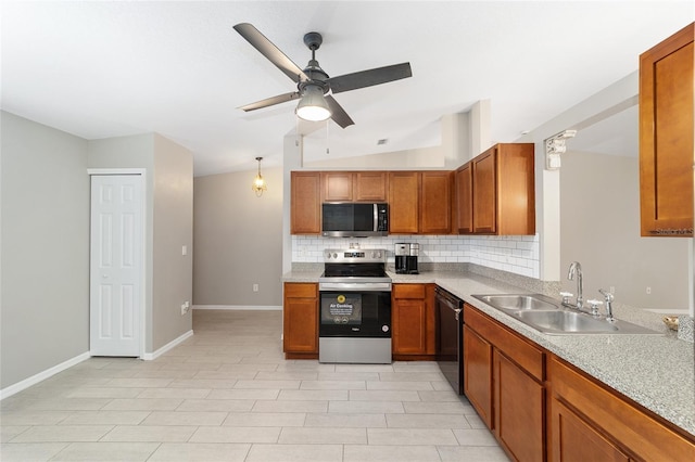 16605 SW 31st Cir, Ocala, FL 34473 - kitchen featuring stainless steel range with electric cooktop, decorative backsplash, lofted ceiling, brown cabinetry, and black dishwasher