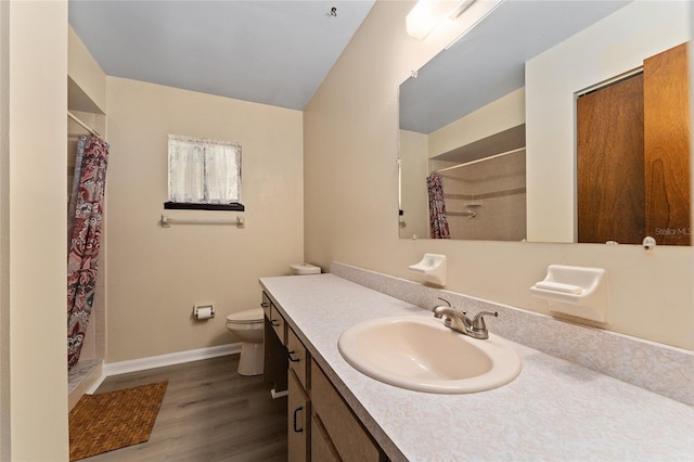 10012 SW 88th Ct, Ocala, FL 34481 - full bathroom with vanity, wood finished floors, a shower with shower curtain, toilet, and baseboards