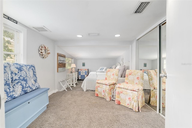 12335 SE 130th Ct, Ocklawaha, FL 32179 - bedroom featuring carpet floors, recessed lighting, vaulted ceiling, and baseboards
