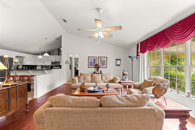 5445 NE Anthony Rd, Ocala, FL 34475 - living area featuring ceiling fan, lofted ceiling, and wood finished floors