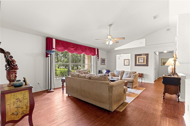 5445 NE Anthony Rd, Ocala, FL 34475 - living area featuring a ceiling fan, wood finished floors, vaulted ceiling, and baseboards