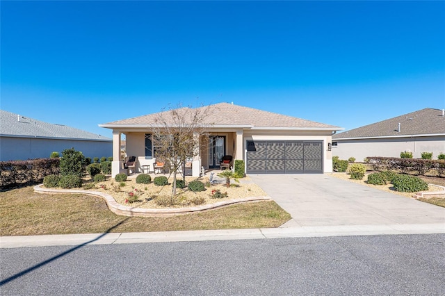 8878 SW 103rd Cir, Ocala, FL 34481 - ranch-style home featuring a garage, stucco siding, concrete driveway, and covered porch