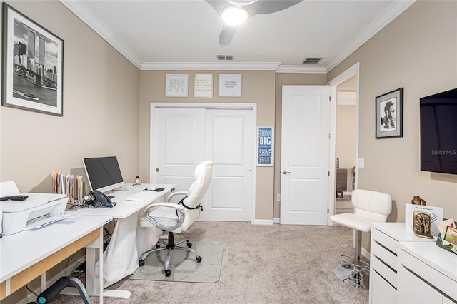 8878 SW 103rd Cir, Ocala, FL 34481 - home office featuring carpet, ornamental molding, baseboards, and a ceiling fan