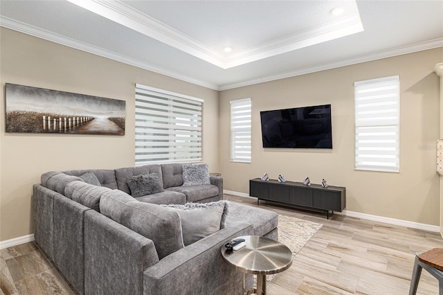 8878 SW 103rd Cir, Ocala, FL 34481 - living area with baseboards, crown molding, a tray ceiling, and recessed lighting