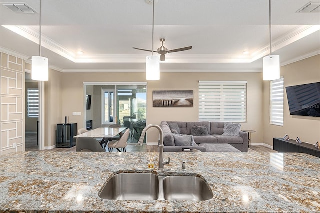 8878 SW 103rd Cir, Ocala, FL 34481 - kitchen with a sink, a tray ceiling, crown molding, ceiling fan, and baseboards
