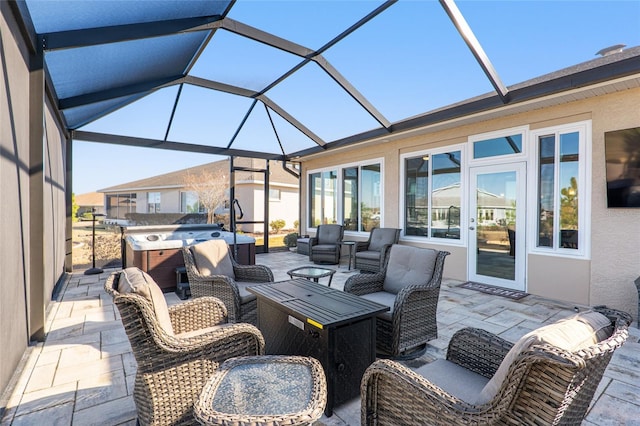 8878 SW 103rd Cir, Ocala, FL 34481 - view of patio featuring a hot tub, outdoor lounge area, and glass enclosure