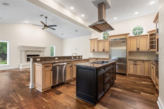 659 NW 155th Way, Newberry, FL 32669 - kitchen featuring appliances with stainless steel finishes, island range hood, a ceiling fan, plenty of natural light, and vaulted ceiling