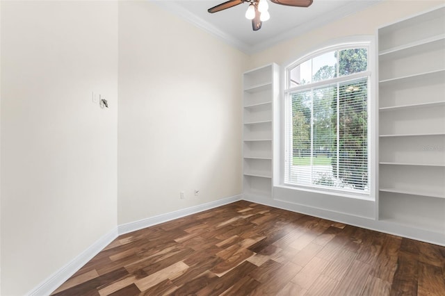 659 NW 155th Way, Newberry, FL 32669 - unfurnished room featuring crown molding, ceiling fan, dark wood-style floors, and built in shelves