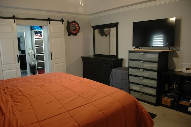 14126 Greater Pines Blvd, Clermont, FL 34711 - bedroom with a barn door, ornamental molding, and carpet floors