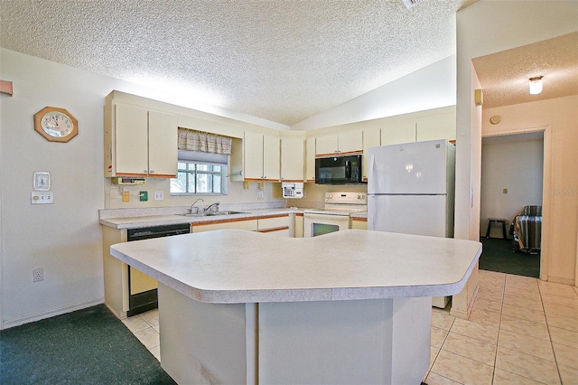 10699 SE 178th St, Summerfield, FL 34491 - kitchen featuring white appliances, a textured ceiling, light countertops, lofted ceiling, and a center island
