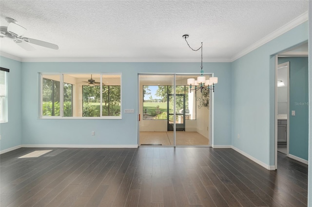 9805 SW 95th Loop, Ocala, FL 34481 - spare room featuring a ceiling fan, a chandelier, a textured ceiling, wood finished floors, and crown molding